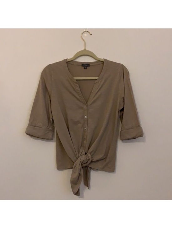 Lilla P Tops - Lilla P Taupe Button-Front Tie Hem Shirt